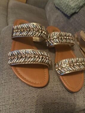 G by Guess Gold Embellished Double-Strap Slide Sandals